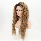 abordables Perruques Synthétiques Sans Bonnet-perruque longue bouclée ondulée pour femme marron avec reflets perruque bouclée cheveux ondulés lâches perruque synthétique sans colle résistante à la chaleur pour une utilisation quotidienne en