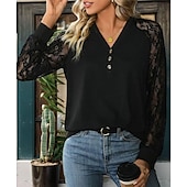preiswerte Spitzenoberteile-Damen Bluse elegant stylisch modern Spitze Langarm V-Ausschnitt Arbeit Alltag schwarz Frühling Herbst