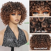 baratos Perucas de Qualidade Superior-perucas curtas crespas cacheadas com franja para mulheres negras perucas sintéticas cacheadas fibra de alta temperatura peruca afro curta cacheada