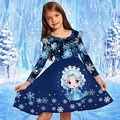 billiga 3D Cartoon Dresser-Flickor 3D Grafisk Tecknat Snöflinga Klänning Snowflake Klänning Volangkjol Långärmad Sommar Vår Semester Dagligen Helgdag Skön Ljuv Barn 4-12 år Festklänning A linjeklänning Knälång Normal