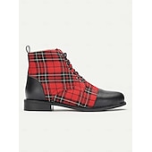 cheap Combat Boots-Women&#039;s Tartan Plaid Combat Boots with Black Leather Toe Cap - Stylish Lace-Up Ankle Boots for Casual Wear and Festive Occasions