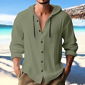 cheap Men&#039;s  Overshirts-Men&#039;s Shirt Linen Shirt Calico Shirt Beach Wear Button Up Shirt Hooded Shirt Plain Casual Daily Black White Blue Green Long Sleeve Hooded Spring &amp; Summer Clothing Apparel Buttons