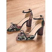 economico Block Heels-scarpe col tacco a blocco con cinturino alla caviglia e motivo floreale da donna con dettaglio fiocco, perfette per le occasioni di ispirazione vintage