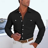 preiswerte Herren-Oberhemden-Herren Hemd Knopfhemd Lässiges Hemd Cord Hemd Schwarz Marineblau Beige Langarm Feste Farbe Kargen Täglich Urlaub Tasche Bekleidung Modisch Brautkleider schlicht Komfortabel