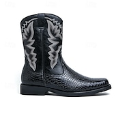 levne Cowboy &amp; Western Boots-pánské hnědé westernové kovbojské boty s krokodýlí texturou a vyšívaným svrškem z umělé kůže, ideální na ranč a venkovní nošení
