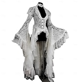 cheap Outerwear-Lace Ruffle Tailcoat Medieval Renaissance Vintage Dress Women&#039;s Costume Vintage Cosplay Party Long Sleeve Dress Masquerade
