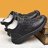 cheap Winter &amp; Snow Boots-Men&#039;s Black Faux Leather Ankle Boots with Warm Plush Lining and Rugged Non-Slip Sole - Stylish and Comfortable for Cold Weather and Outdoor Activities