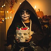 billige Halloween-menneskeskallebolle for å spise matsikker skjeletthode pastabolle bærbar frokostblandingbeger hjemmebar godteriservering &amp;punch dispenser retro gotisk bordplate ornament goth spisebord midtpunkt