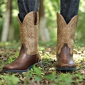 abordables Cowboy et bottes occidentales-bottes de cowboy western marron pour hommes - similicuir avec détails brodés pour un style extérieur classique