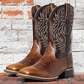 cheap Cowboy &amp; Western Boots-Men&#039;s Brown Western Cowboy Boots with Embroidered Shaft, Durable Faux Leather for Ranch and Casual Wear