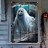 tanie halloweenowe gobeliny ścienne-dekoracje okienne na Halloween, tkanina czarownice przerażająca zasłona na Halloween plakat z horroru dekoracja okienna na drzwi do nawiedzonego domu, straszne naklejki na okna na Halloween wewnątrz