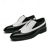 olcso Hivatalos-férfi fekete-fehér wingtip oxford cipők brogue részletekkel - klasszikus kéttónusú műbőr ruhacipő formális és vintage ihletésű ruhákhoz