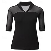 cheap Tops &amp; Sets-Latin Dance Top Pure Color Splicing Tulle Women&#039;s Performance Training Half Sleeve High Polyester