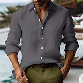 preiswerte Urlaub-Herren Hemd leinenhemd Sommerhemd Strandhemd Knopfhemd Glatt Urlaub Curise Schwarz Rosa Grün Grau Langarm Kragen Frühling Sommer Bekleidung