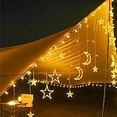 abordables Lumières de cordes solaires-Rideau lumineux en forme d&#039;étoile et de lune avec télécommande, 3,5 m, 138 LED, 8 modes, pour mariage, fête de Noël, extérieur, étanche, pour tente, chambre à coucher, salon, balcon, fenêtre,