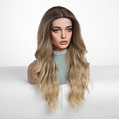 abordables Perruques synthétiques à dentelle-Perruque en dentelle synthétique Ondulation naturelle Style 26 pouce Ombre Blond Marron Foncé Doré Partie médiane Ouverte Perruque Femme Perruque Brun doré avec blond