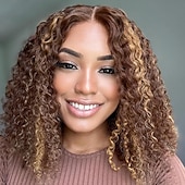 voordelige Pruiken van echt haar, met kanten voorzijde-Onverwerkt maagd haar 4x13 Sluiting Pruik Korte bob Braziliaans haar Diep krullend Afro Kinky Curly Oranje Bordeaux Meerkleurig Pruik 130% 150% 180% Haardichtheid met babyhaar Haar met highlights