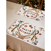 abordables Figuras coleccionables-Juego de 4 manteles individuales navideños de algodón y lino para mesa de Navidad de temporada de invierno con muñeco de nieve &amp;Diseño de reno para decoración de interiores y exteriores, para fiestas,