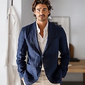 billige Herre Elite Yttertøy-Herre Blazer jakke Bryllup jubileum Fest Sommer Vår 100% Lin Lin Helfarge Enkelt Brystet Enn-knapp Blazer Navyblå Blå Beige