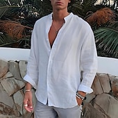 economico Vacanza-Per uomo Camicia Camicia con colletto a fascia Camicia estiva Abbigliamento mare Camicia con bottoni Liscio Esterno Da mare Nero Bianco Blu Verde Manica lunga Collo ripiegabile Primavera &amp; Autunno