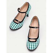 preiswerte 1950er Jahre-Damen Absätze Retro Mary Jane Arbeit Täglich Plaid Farbblock Schnalle Stöckelabsatz Runde Zehe Elegant Vintage PU Stoff Schnalle Schwarz / weiss Weiß und Grün Rot