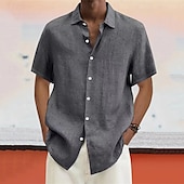 voordelige Vakantie-Voor heren linnen overhemd Zomer overhemd Strand Kleding Overhemd met knopen Effen Vakantie Curise Zwart Wit blauw Licht Paars Korte mouw Strijkijzer Lente &amp; Herfst Kleding Button-omlaag