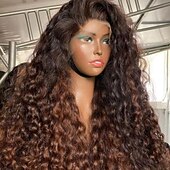 cheap Human Hair Lace Front Wigs-Remy Human Hair 13x4 Lace Front Wig Free Part Brazilian Hair Curly Water Wave Multi-color Wig 130% 150% Density Ombre Hair Natural Hairline Glueless For Women Long Human Hair Lace Wig