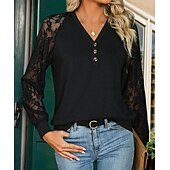 preiswerte Spitzenoberteile-Damen Bluse elegant stylisch modern Spitze Langarm V-Ausschnitt Arbeit Alltag schwarz Frühling Herbst