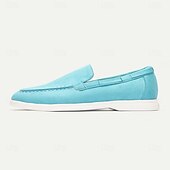 abordables Chaussures sans lacets &amp; mocassins-mocassins pour hommes en daim bleu clair avec semelle blanche confortable - parfaits pour une tenue décontractée et estivale