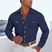 preiswerte Herren-Oberhemden-Herren Hemd Knopfhemd Lässiges Hemd Cord Hemd Schwarz Marineblau Beige Langarm Feste Farbe Kargen Täglich Urlaub Tasche Bekleidung Modisch Brautkleider schlicht Komfortabel
