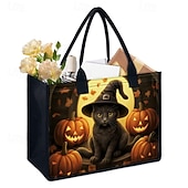 tanie Torby-torba typu tote z motywem Halloween z czarnym kotem i motywem dyni - duża pojemność, wielokrotnego użytku torba na zakupy dla kobiet