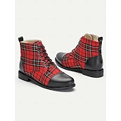 cheap Combat Boots-Women&#039;s Tartan Plaid Combat Boots with Black Leather Toe Cap - Stylish Lace-Up Ankle Boots for Casual Wear and Festive Occasions
