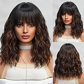 baratos Perucas Sintéticas sem Touca-Perucas de Cosplay Encaracolado Ondas Soltas Prumo Franja Lisa Com Franjas Peruca 14 polegadas Preto / Marron Cabelo Sintético Mulheres Elástico Adorável Confortável Marrom Escuro