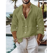 cheap Vacation-Men&#039;s Shirt Linen Shirt Summer Shirt Beach Wear Button Up Shirt Plain Casual Daily Black White Pink Blue Long Sleeve Collar Spring &amp; Summer Clothing Apparel