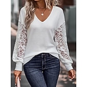 preiswerte Elegante Oberteile-Damenbluse stilvoll modern einfarbig Spitze Öse Langarm V-Ausschnitt täglich schwarz weiß Frühling Herbst