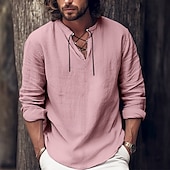 preiswerte Urlaub-Herren Hemd leinenhemd Wikinger-Stil Sommerhemd Strandbekleidung Glatt Urlaub Curise Schwarz Weiß Rosa Blau Langarm V Ausschnitt Frühling Sommer Bekleidung mit Schnürung