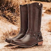 abordables Cowboy y botas occidentales-Botas de motociclista estilo western de piel sintética marrón para hombre: estilo clásico con detalle de arnés para uso ecuestre y casual