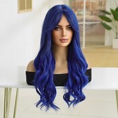 economico Parrucche trendy sintetiche-Parrucche sintetiche Ondulato Ricciolo gonfiabile Parte di mezzo Parrucca 28 pollici Blu Reale Capelli sintetici Per donna Riga al centro Fantastico Adorabile Blu