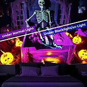 cheap Halloween Wall Tapestries-Halloween Decorations Skeleton Blacklight Tapestry UV Reactive Glow in the Dark Glow Party Trippy Misty Pumpkin Lights Hanging Tapestry Wall Art Mural for Living Room Bedroom