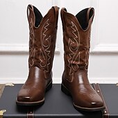levne Cowboy &amp; Western Boots-pánské klasické hnědé westernové kovbojské boty – odolná kůže s detailní výšivkou pro outdoorové i běžné nošení