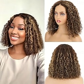 voordelige Pruiken van echt haar, met kanten voorzijde-Onverwerkt maagd haar 4x13 Sluiting Pruik Korte bob Braziliaans haar Diep krullend Afro Kinky Curly Oranje Bordeaux Meerkleurig Pruik 130% 150% 180% Haardichtheid met babyhaar Haar met highlights