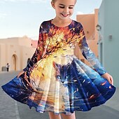 Недорогие 3D Мультфильм Комод-Девушки &#039; 3D Графика Животное Кот Платье Длинный рукав Лето Весна Отпуск Повседневные Праздники Принцесса Красивый Милая Дети 4-12 лет Повседневное платье Платье A-силуэта До колена Стандартный