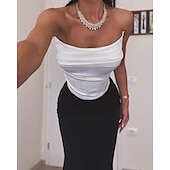 abordables NOIR-Robe de soirée sirène Noire Corsets Robe Formelle Longueur au sol Sans manches Sans bretelles Crêpe extensible Sans dos avec fronces Robe de bal masqué