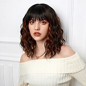 baratos Perucas Sintéticas sem Touca-Perucas de Cosplay Encaracolado Ondas Soltas Prumo Franja Lisa Com Franjas Peruca 14 polegadas Preto / Marron Cabelo Sintético Mulheres Elástico Adorável Confortável Marrom Escuro