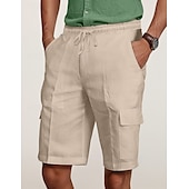 cheap Classic-Men&#039;s Cargo Shorts Shorts Linen Shorts Summer Shorts Beach Shorts Drawstring Elastic Waist Multi Pocket Plain Knee Length Outdoor Casual Daily Vacation Casual Black White Inelastic