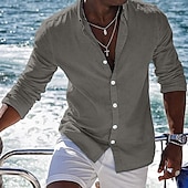 cheap Vacation-Men&#039;s Shirt Linen Shirt Summer Shirt Beach Shirt Plain Vacation Curise Black White Pink Blue Long Sleeve Lapel Spring &amp; Summer Clothing Apparel Basic