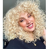 voordelige Topkwaliteit pruiken-koningsdag pruiken krullende pruiken voor zwarte vrouwen korte krullende pruik met pony groot los schattig kinky krullend haar synthetische zachte pruiken voor dagelijks feest cosplay