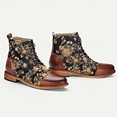 cheap Jacquard shoes-Men&#039;s Floral Jacquard and Brown Faux Leather Lace-Up Boots - Vintage Oxford Ankle Boots with Retro Style for Casual and Formal Wear