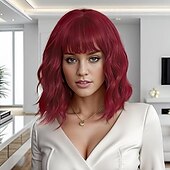 billiga Syntetiska peruker utan hätta-peruk kort kropp vågiga bob peruker för kvinnor med lugg axellängd syntetisk cosplay festperuk för tjejer daglig användning färgglada peruker