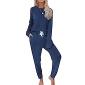 billiga Sovkläder till damer-pyjamasset för kvinnor ren färg mode grundläggande komfort hem daglig säng andas rund hals långärmad byxficka resår midja höst vinter hem outfits